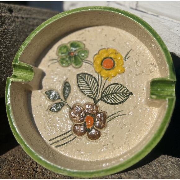 Rosenthal Netter Vintage Ashtray MCM Decor Made In Italy Floral Green Yellow - Picture 2 of 7